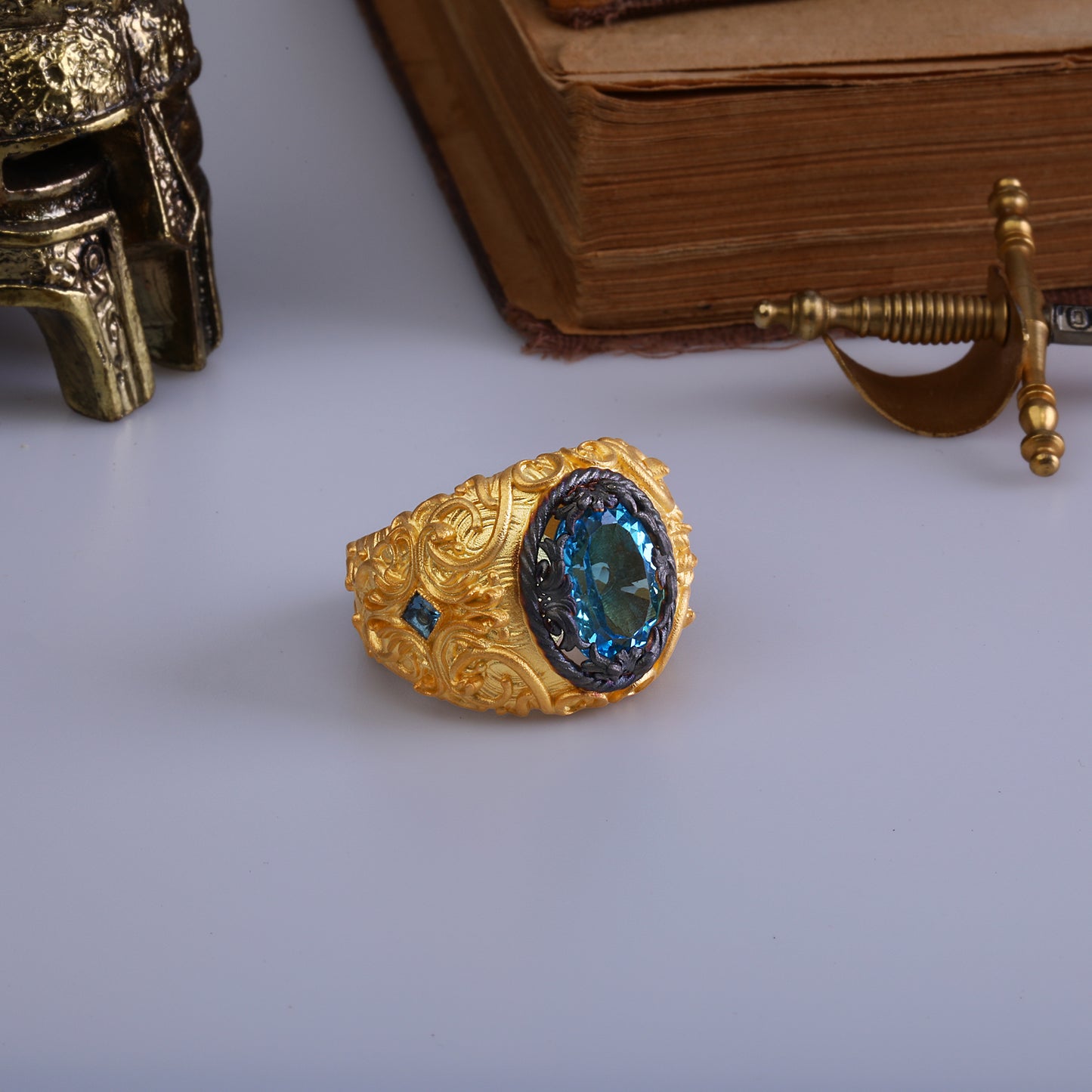 Grandezza Blue Topaz Stone Men's Ring