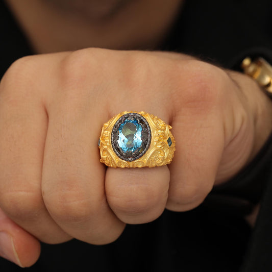 Blue Topaz Signet Ring in Gold-Plated Silver — detail view 2 by Seneca Jewelry