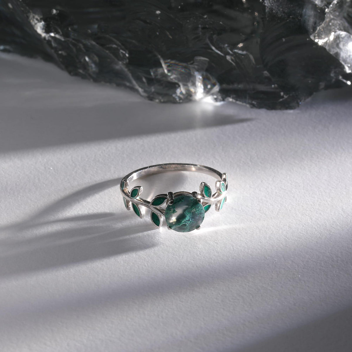 Moss Agate Vine Ring with Green Enamel — detail view 4 by Seneca Jewelry