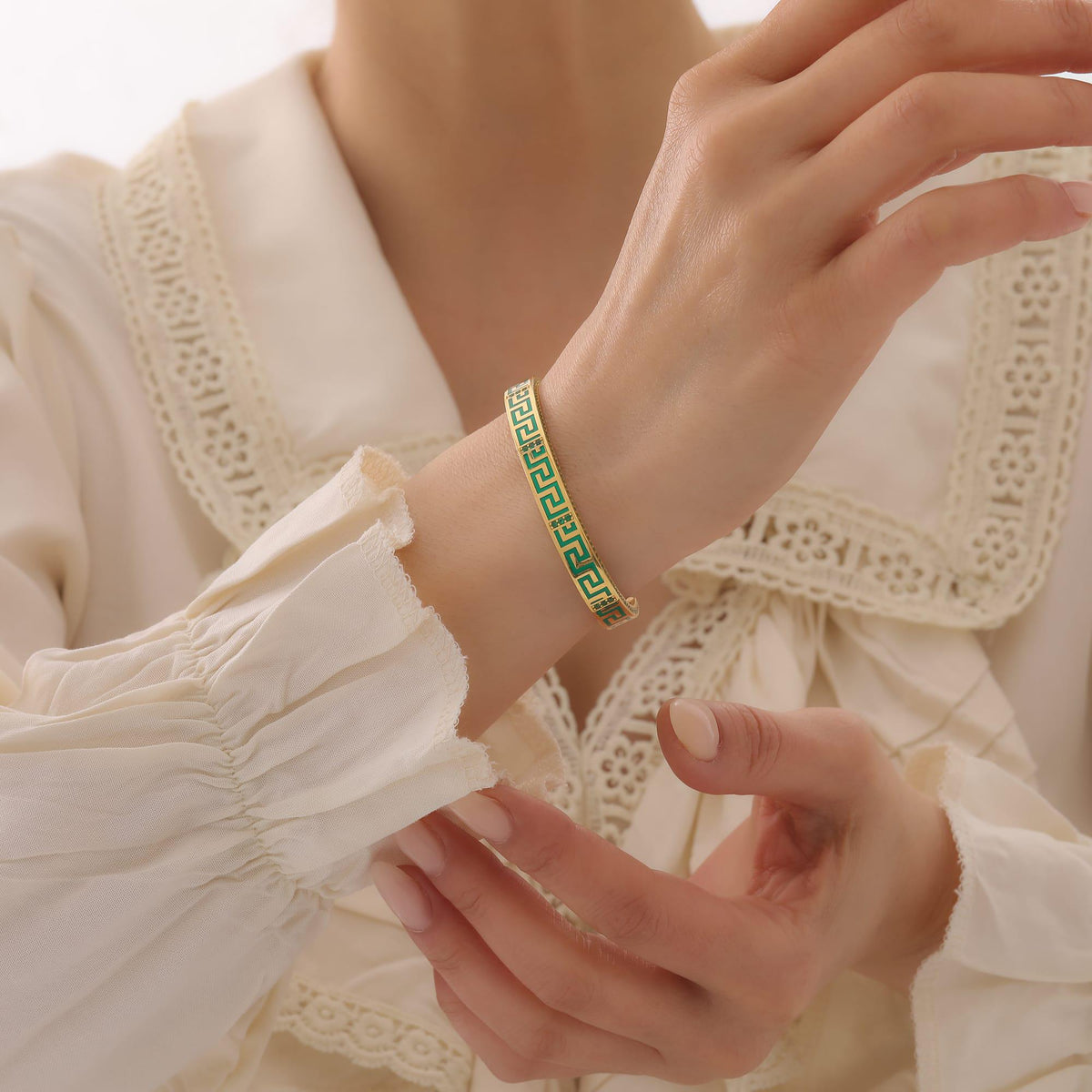Emerald Green Greek Key Cuff in Gold-Plated Silver — detail view 3 by Seneca Jewelry