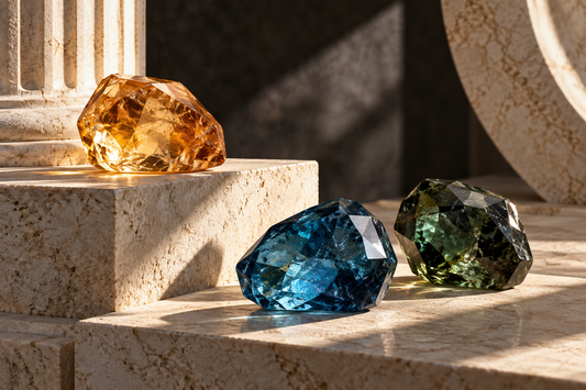 Natural citrine, blue topaz, and deep green gemstones arranged on classical stone