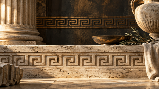 Original editorial still life of a Greek key meander carved into travertine and bronze