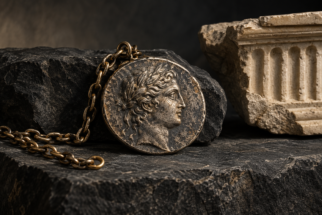Historic coin-inspired medallion and chain arranged on dark stone beside classical architecture