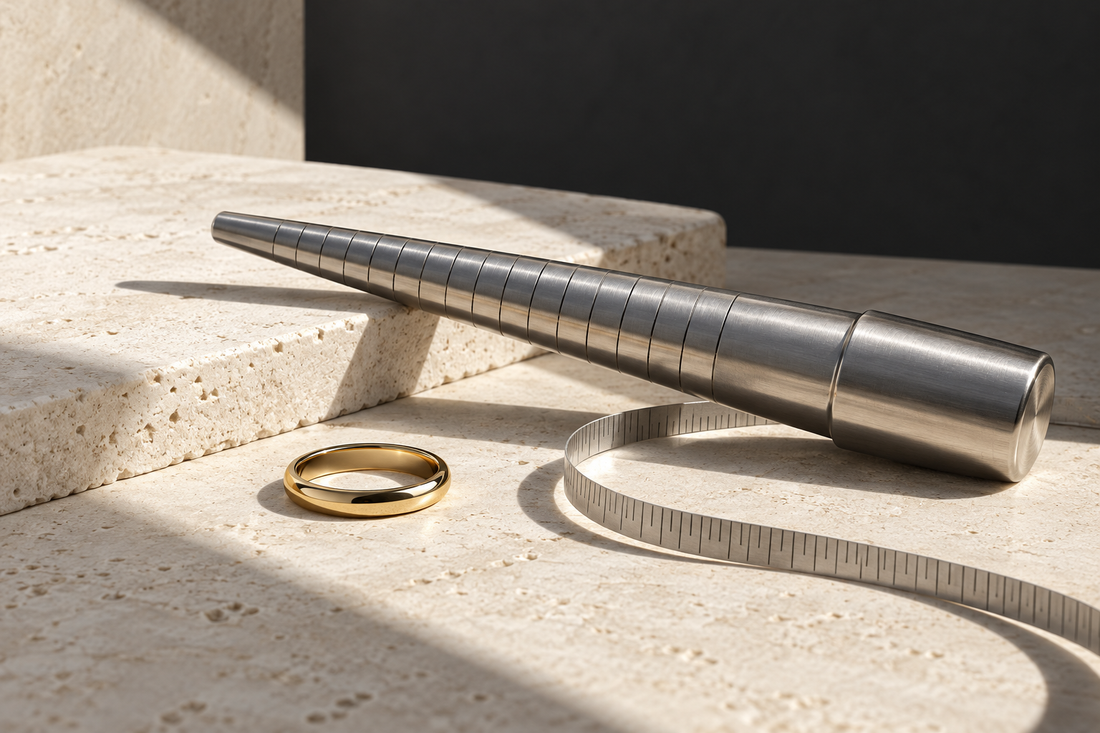 Ring mandrel and simple signet ring arranged on pale stone for a sizing guide