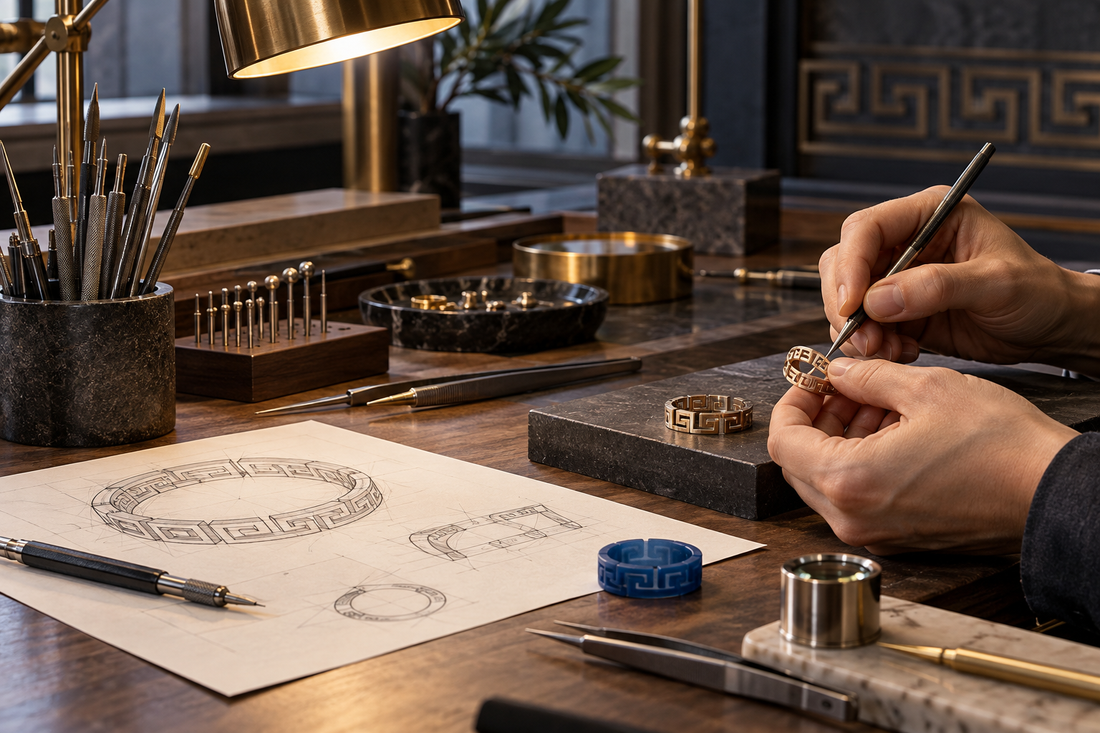 Clean artisan workbench with Greek Key ring studies and design sketches