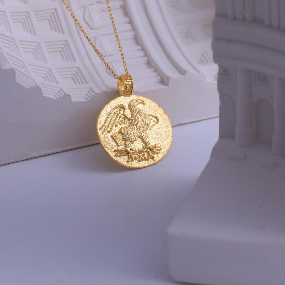 Roman Eagle Coin Necklace in Solid Gold — product view by Seneca Jewelry