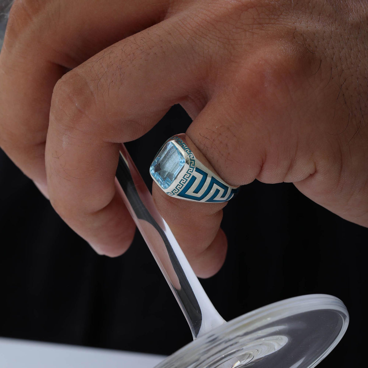 Sky Blue Topaz Greek Key Signet Ring — detail view 2 by Seneca Jewelry
