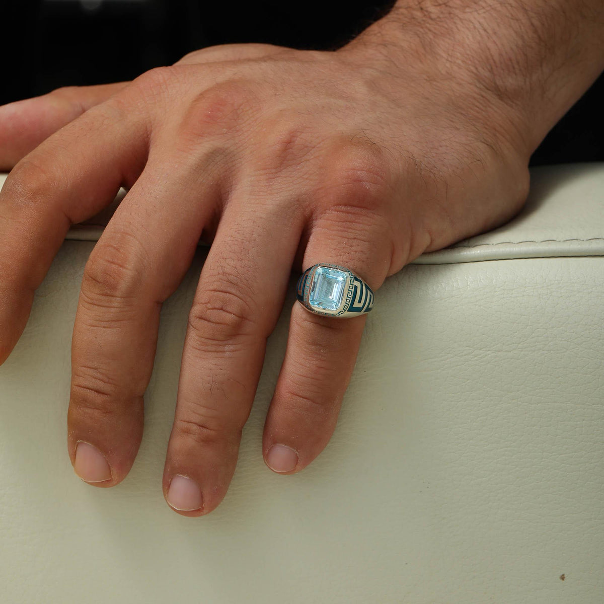 Sky Blue Topaz Greek Key Signet Ring — product view by Seneca Jewelry
