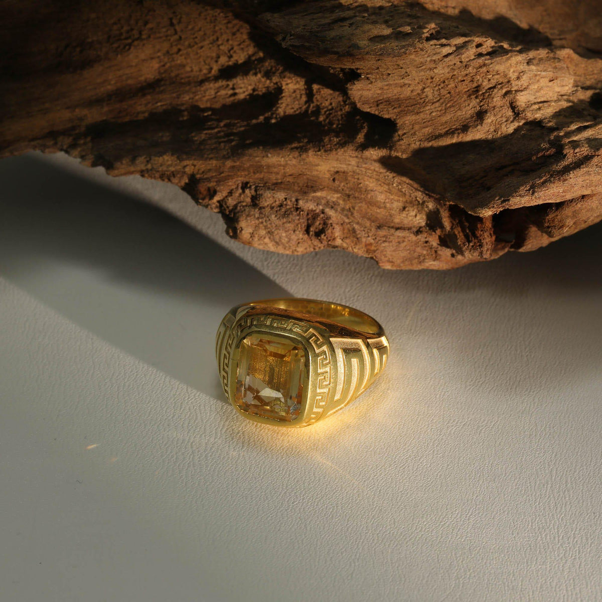 Majestic Citrine Signet Ring with Greek Key — detail view 2 by Seneca Jewelry