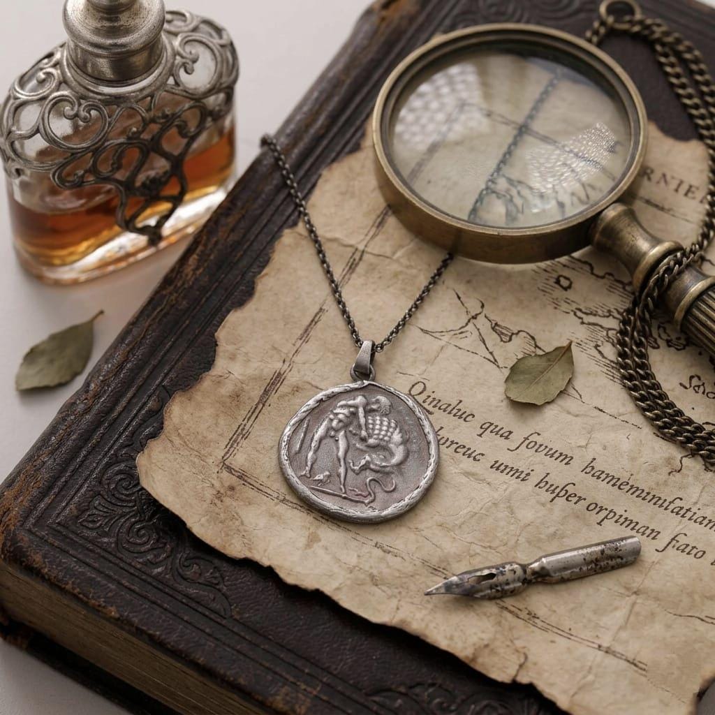 Nemean Lion Medallion in Oxidized Silver — product view by Seneca Jewelry