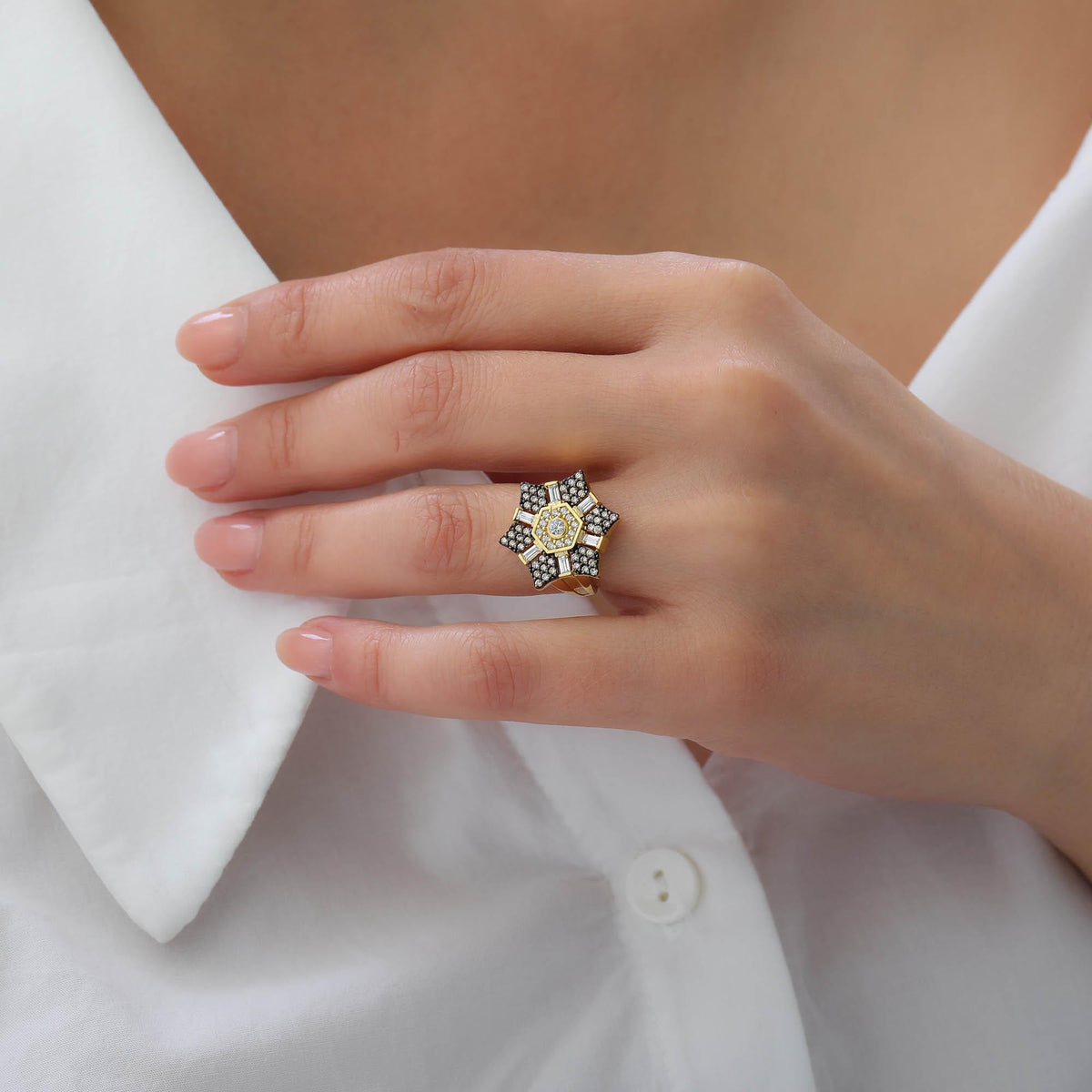 Art Deco Star Ring with Baguette Zircon — detail view 4 by Seneca Jewelry