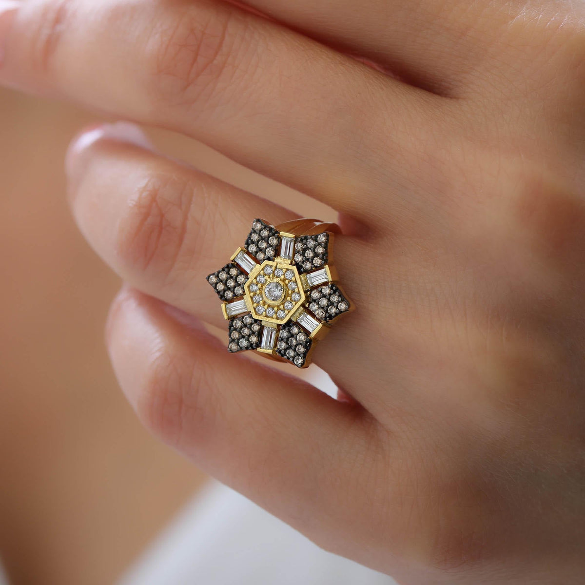 Art Deco Star Ring with Baguette Zircon — product view by Seneca Jewelry