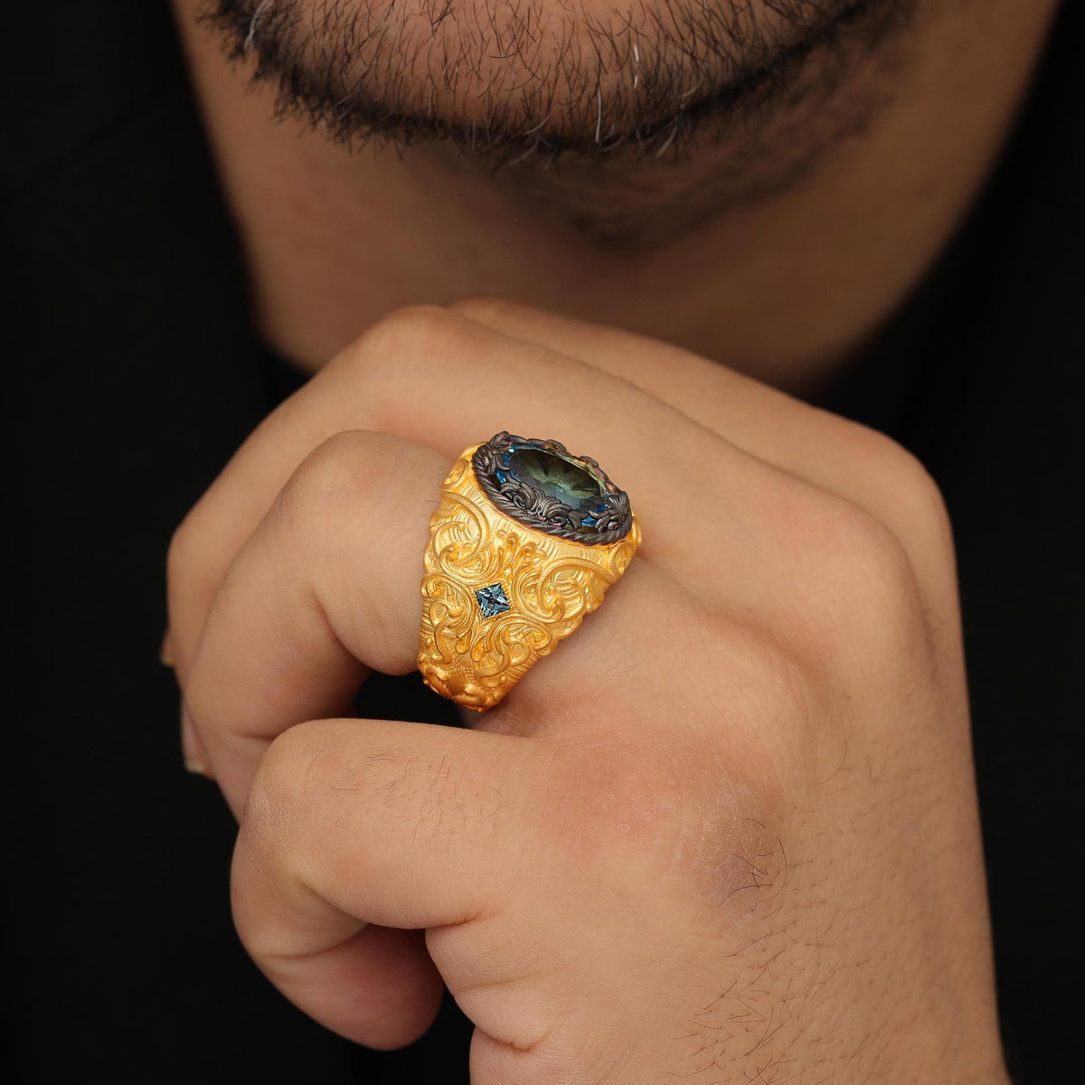 Blue Topaz Signet Ring in Gold-Plated Silver — product view by Seneca Jewelry