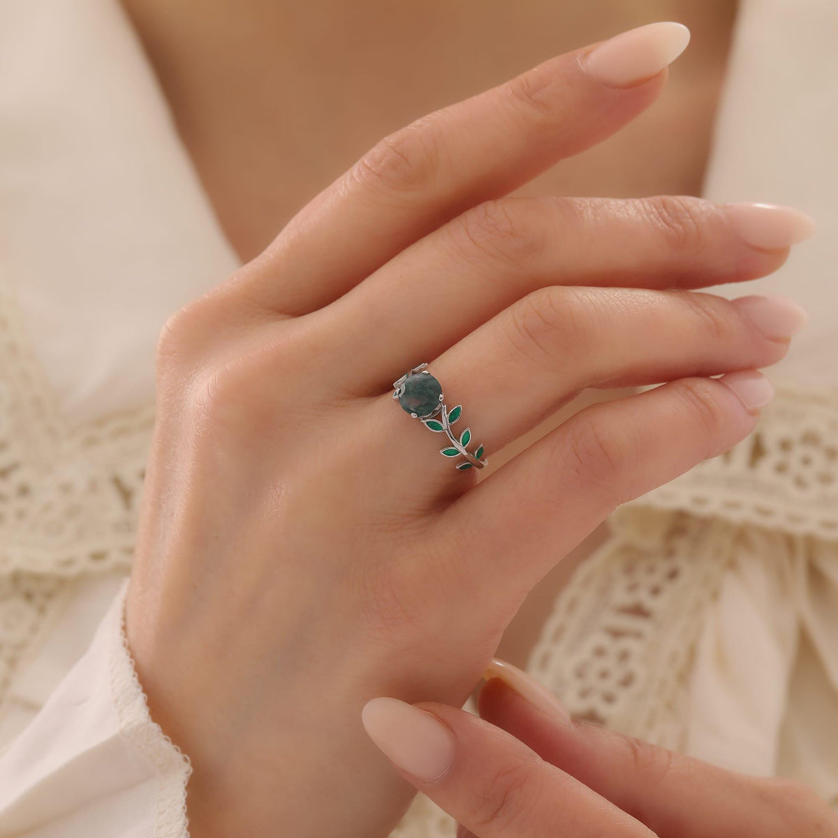 Moss Agate Vine Ring with Green Enamel — detail view 3 by Seneca Jewelry