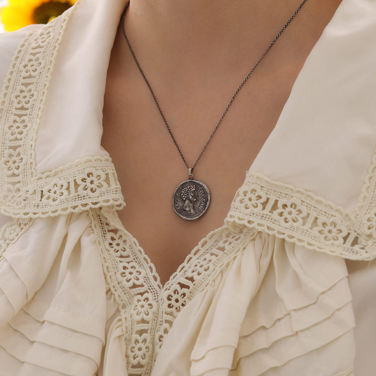 Marcus Aurelius Coin Necklace in Sterling Silver — detail view 4 by Seneca Jewelry
