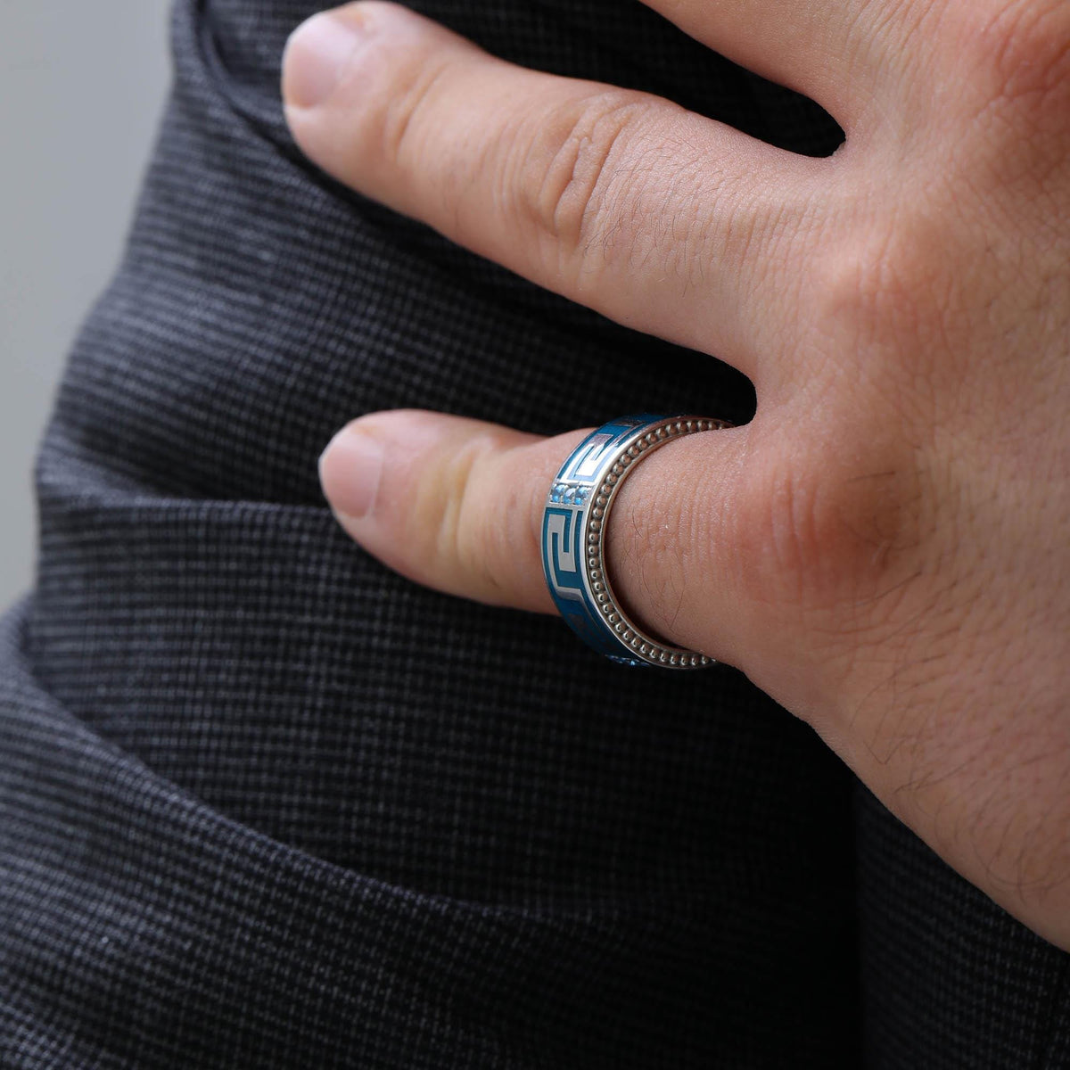 Blue Enamel Greek Key Ring in Sterling Silver — detail view 3 by Seneca Jewelry