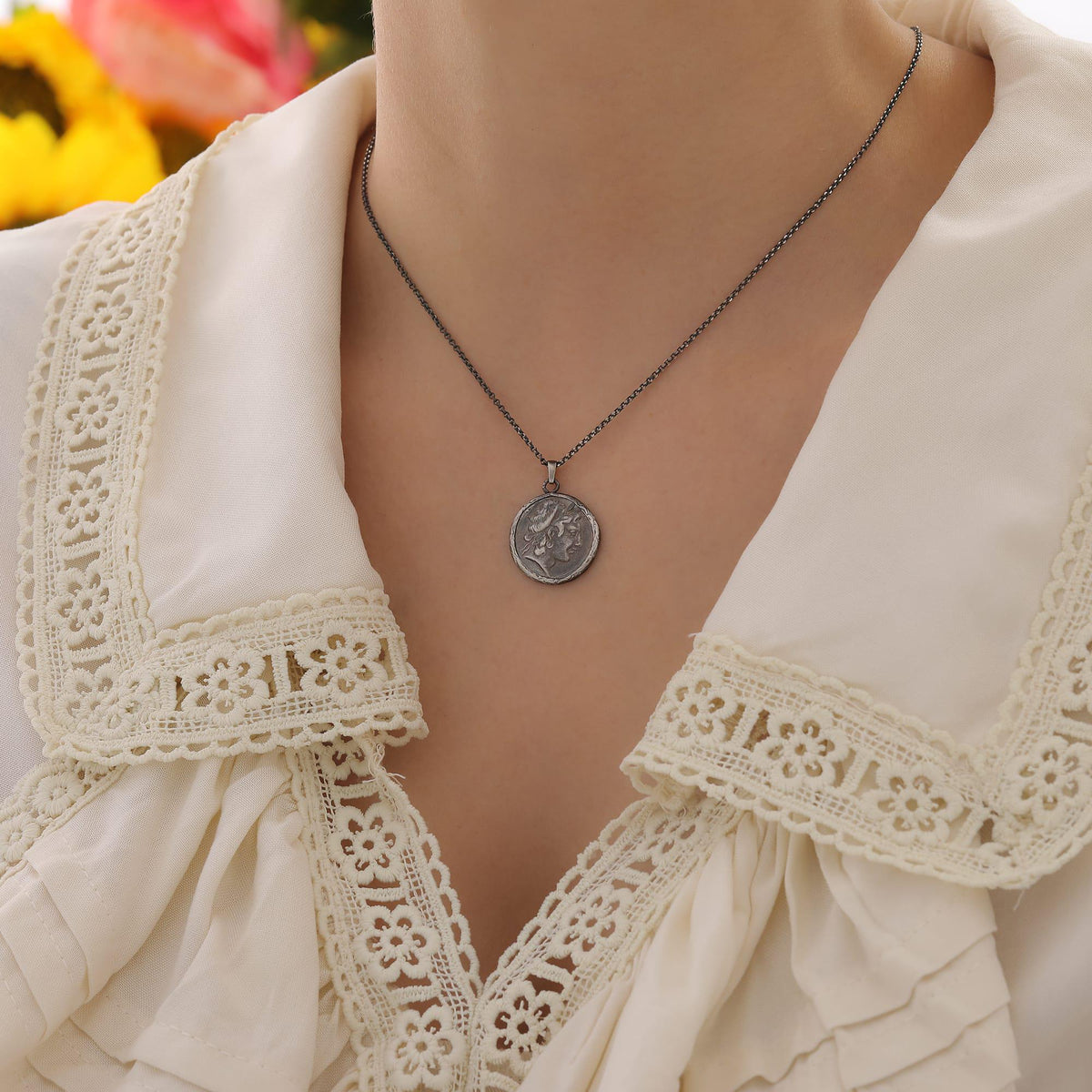 Metapontum Barley Coin Necklace in Sterling Silver — detail view 2 by Seneca Jewelry