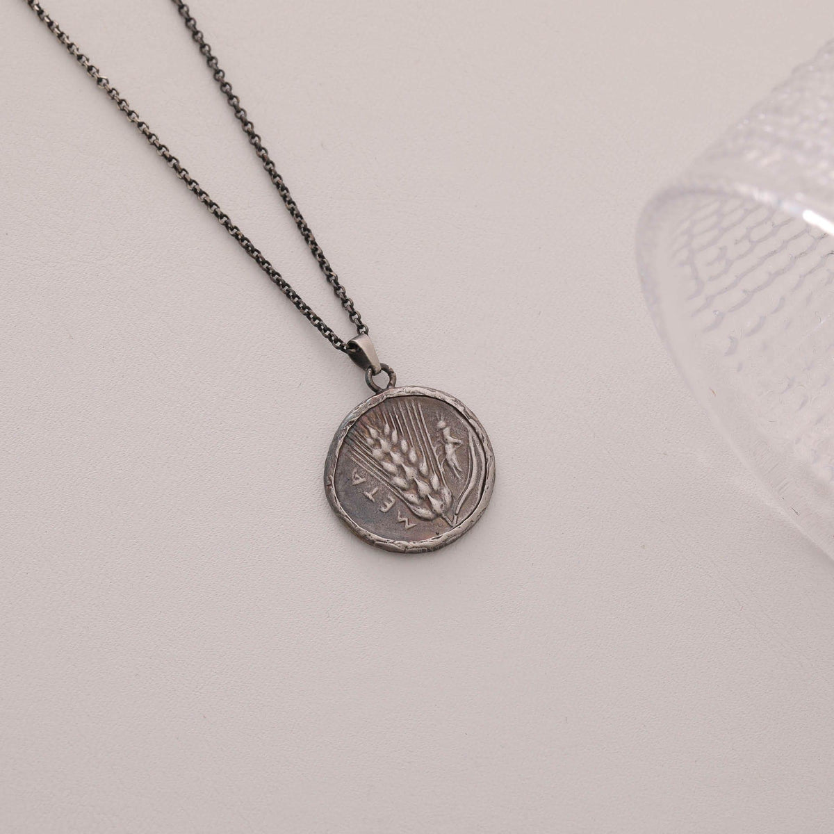 Metapontum Barley Coin Necklace in Sterling Silver — detail view 4 by Seneca Jewelry