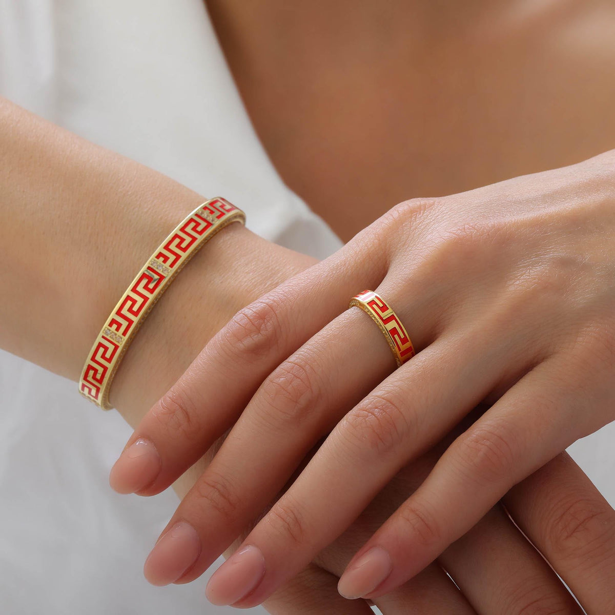 Per Sempre Greek Key Ring and Cuff Set — product view by Seneca Jewelry