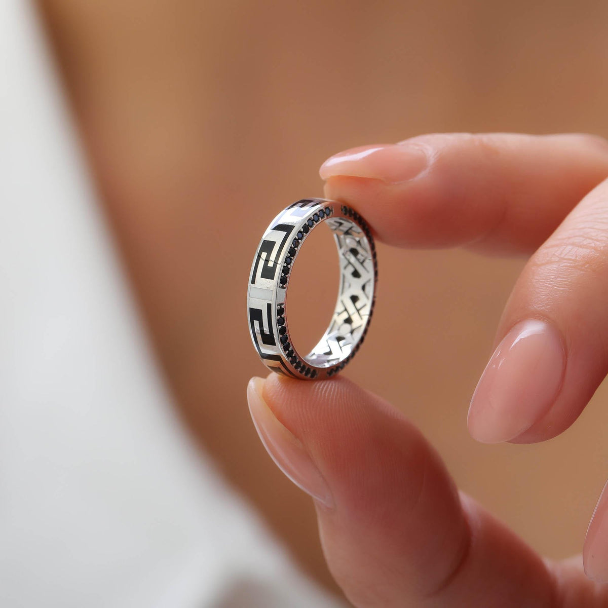 Black Enamel Greek Key Ring in White Gold — detail view 3 by Seneca Jewelry