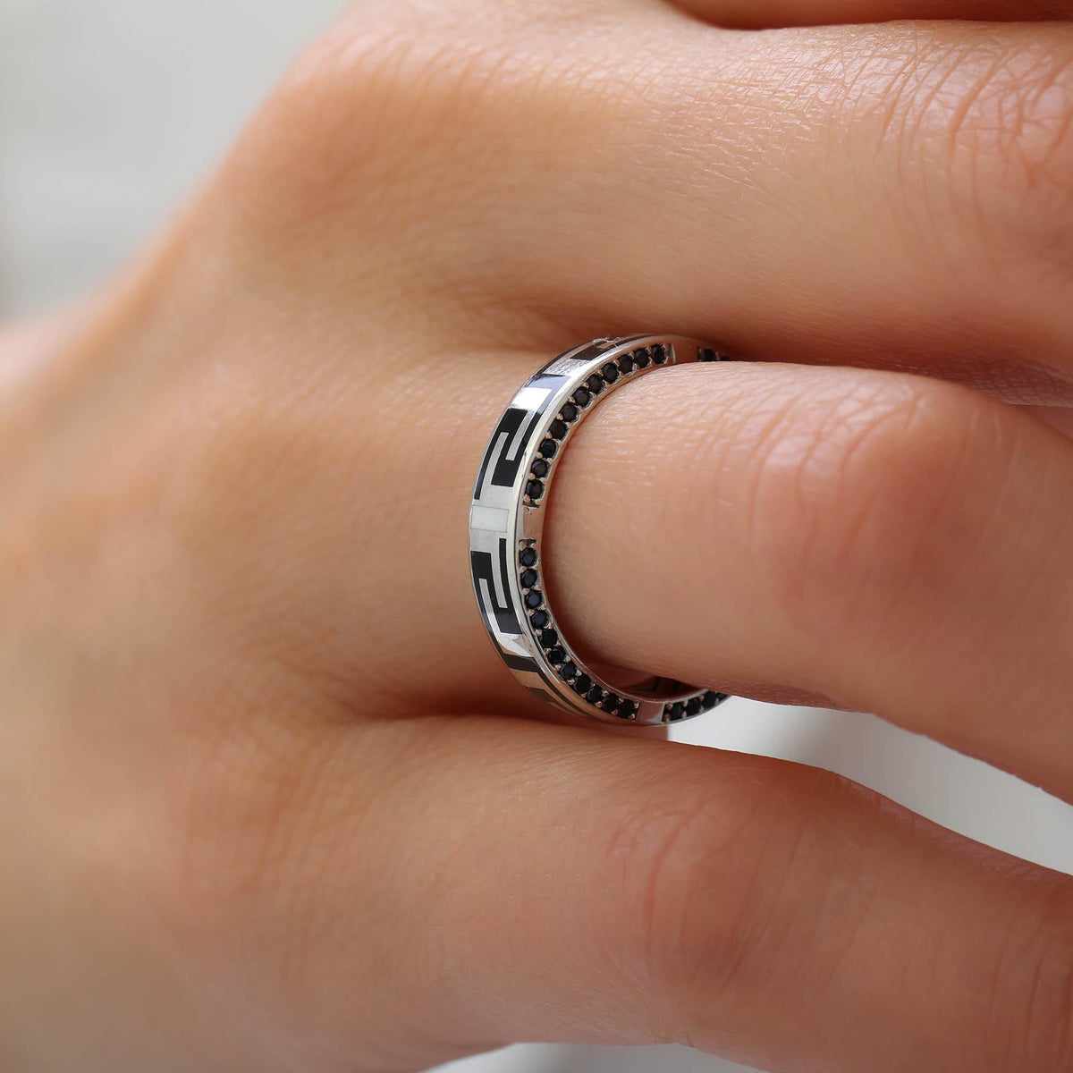 Black Enamel Greek Key Ring in White Gold — product view by Seneca Jewelry