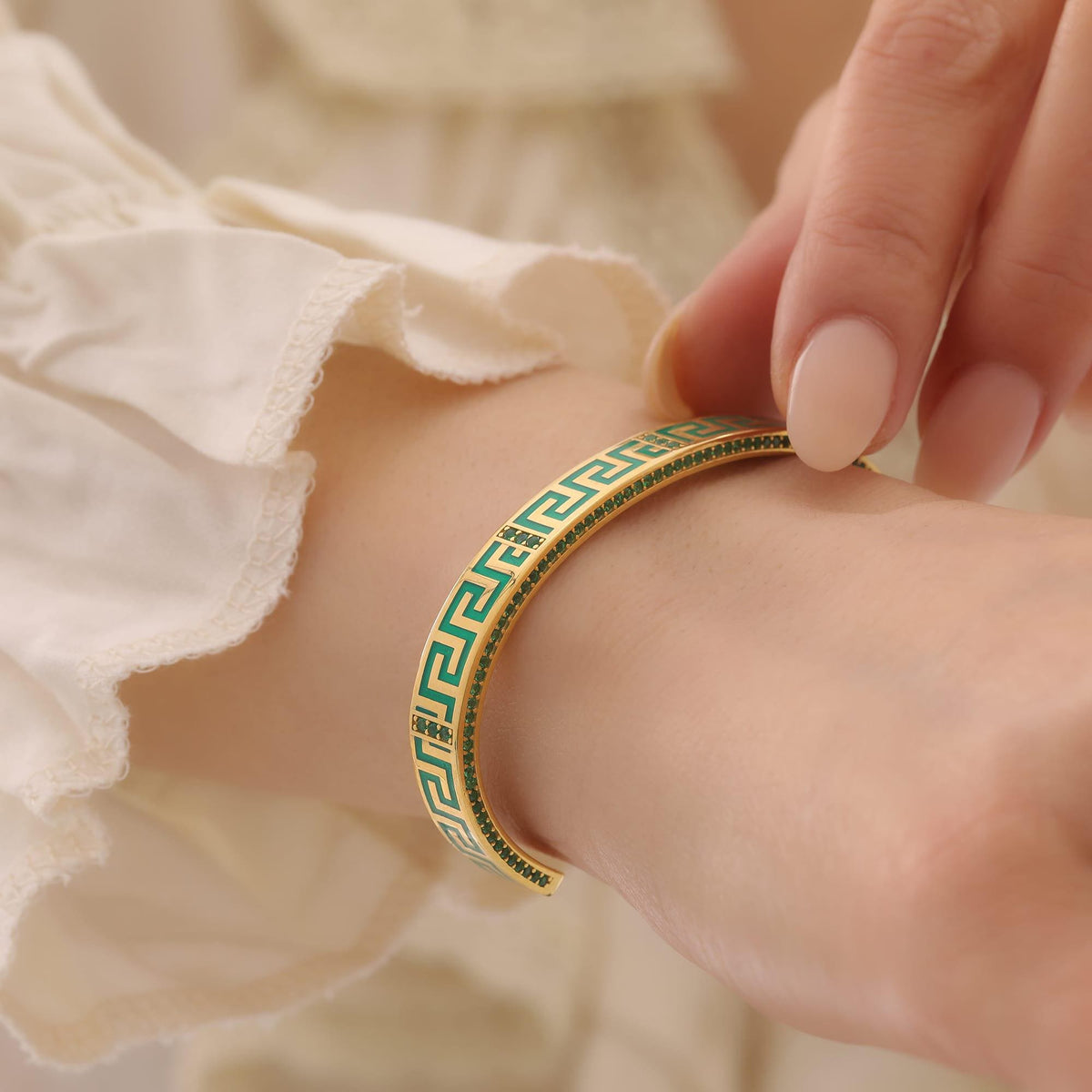 Emerald Green Greek Key Cuff in Gold-Plated Silver — product view by Seneca Jewelry