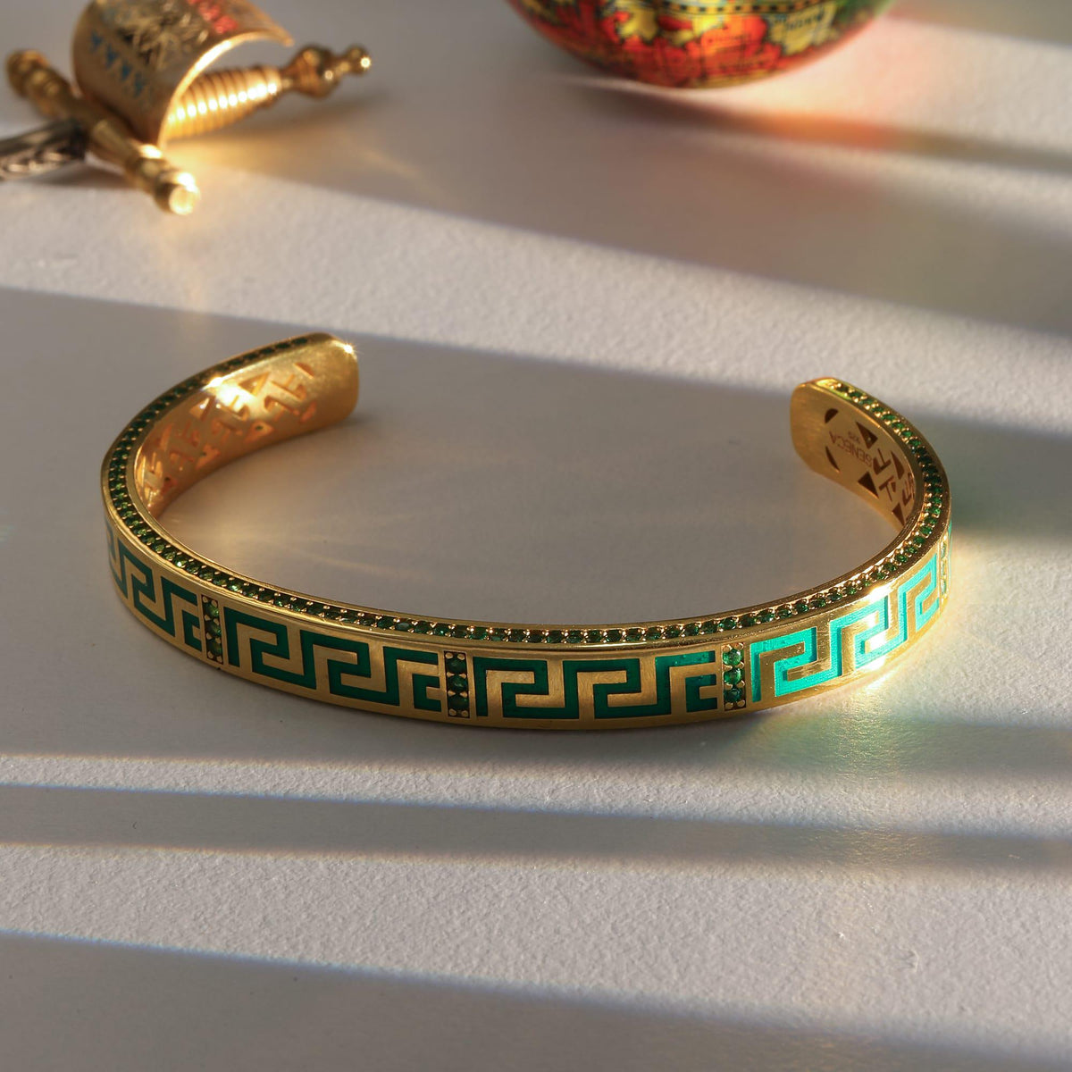 Emerald Green Greek Key Cuff in Gold-Plated Silver — detail view 2 by Seneca Jewelry