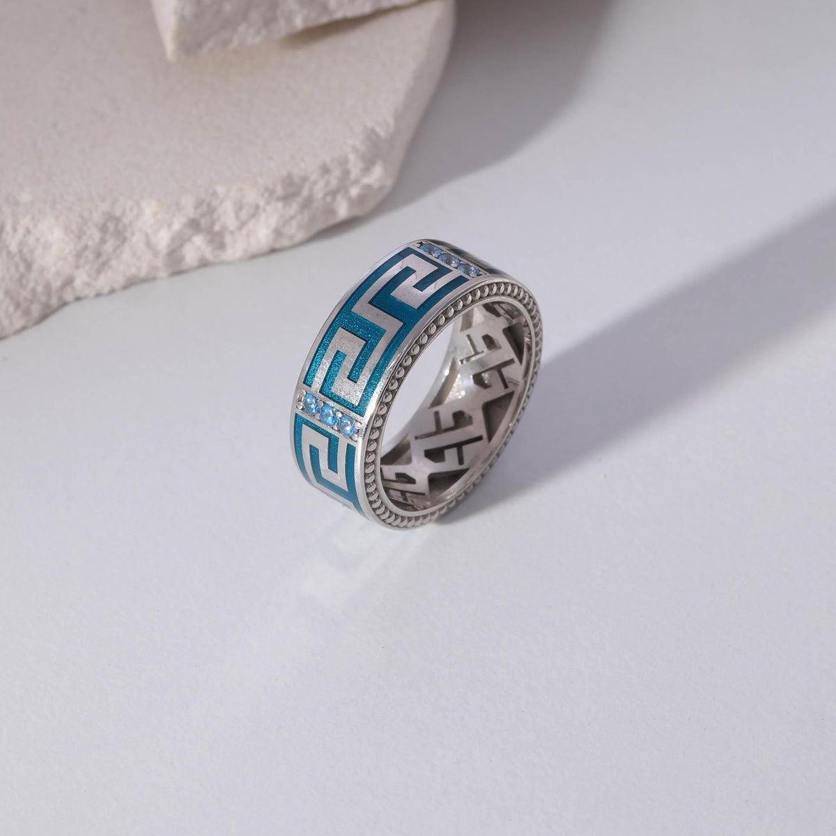 Blue Enamel Greek Key Ring in Sterling Silver — product view by Seneca Jewelry