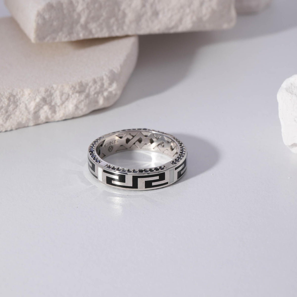 Black Enamel Greek Key Ring in White Gold — detail view 2 by Seneca Jewelry