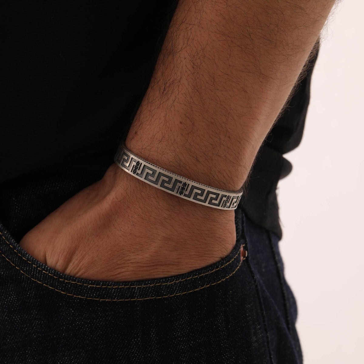 Oxidized Sterling Silver Greek Key Cuff — detail view 3 by Seneca Jewelry