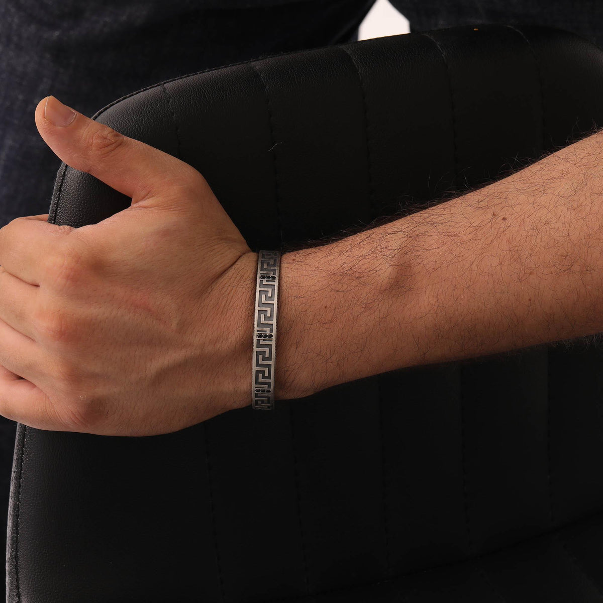 Oxidized Sterling Silver Greek Key Cuff — detail view 2 by Seneca Jewelry