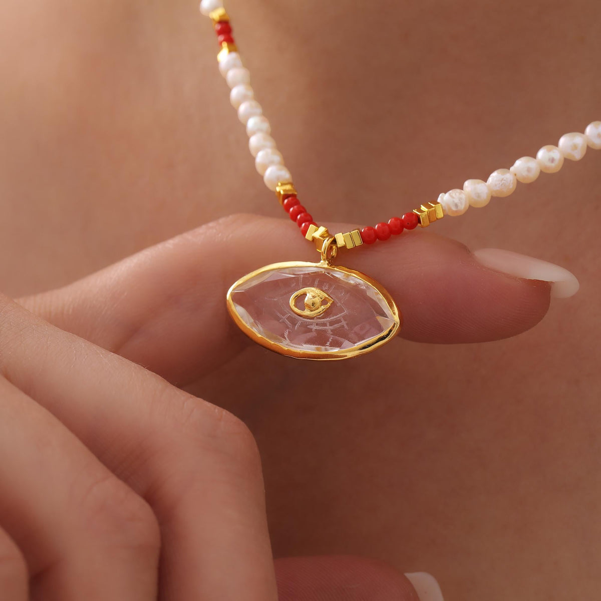 Hand-Carved Quartz Evil Eye Choker — product view by Seneca Jewelry