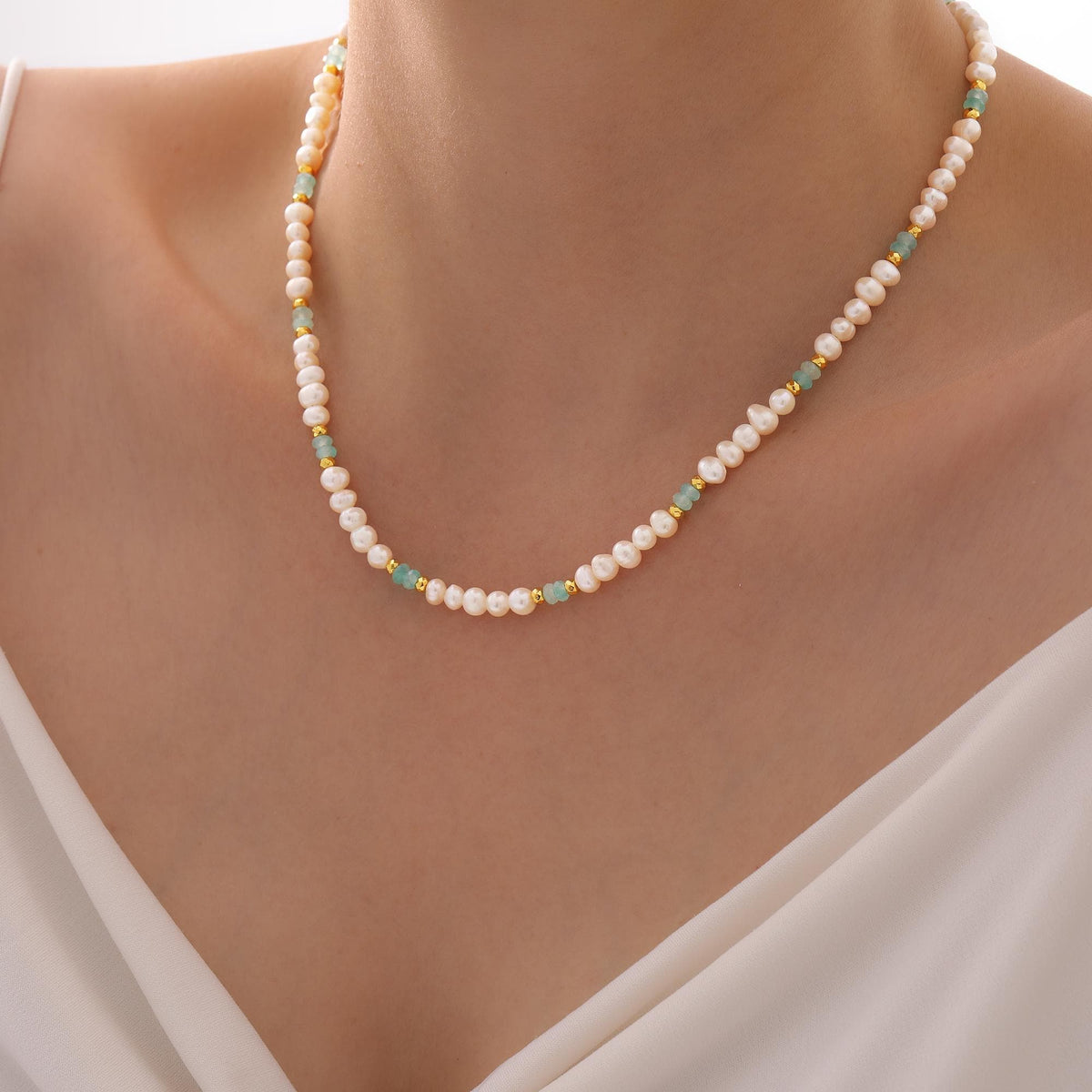 Amazonite and Freshwater Pearl Choker — product view by Seneca Jewelry