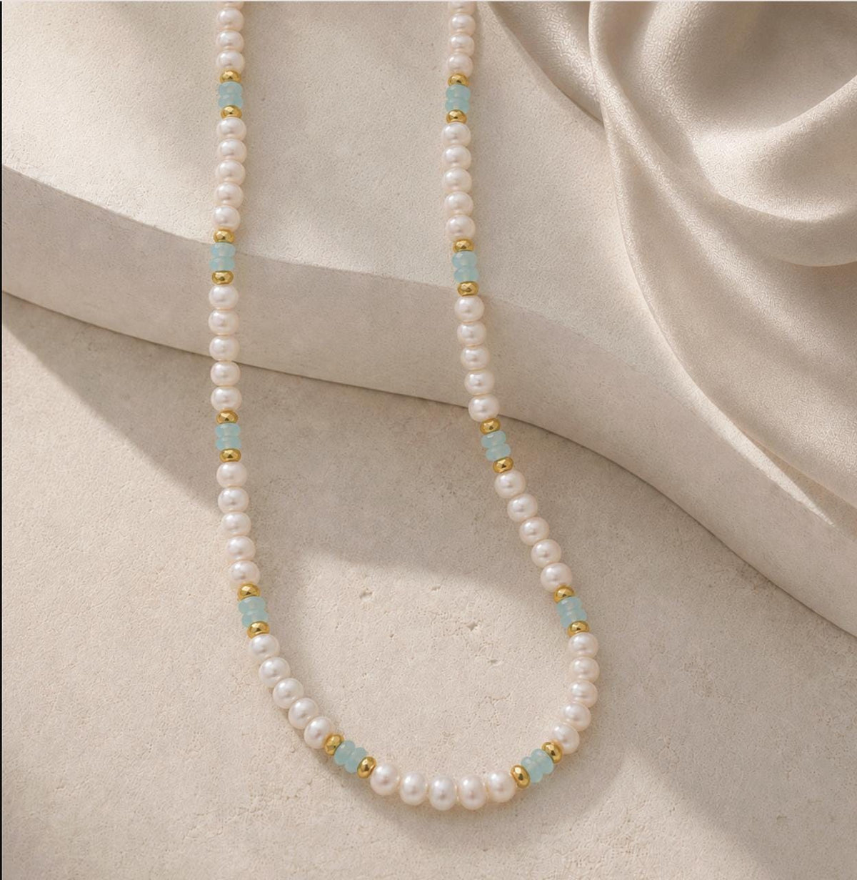 Amazonite and Freshwater Pearl Choker — detail view 2 by Seneca Jewelry