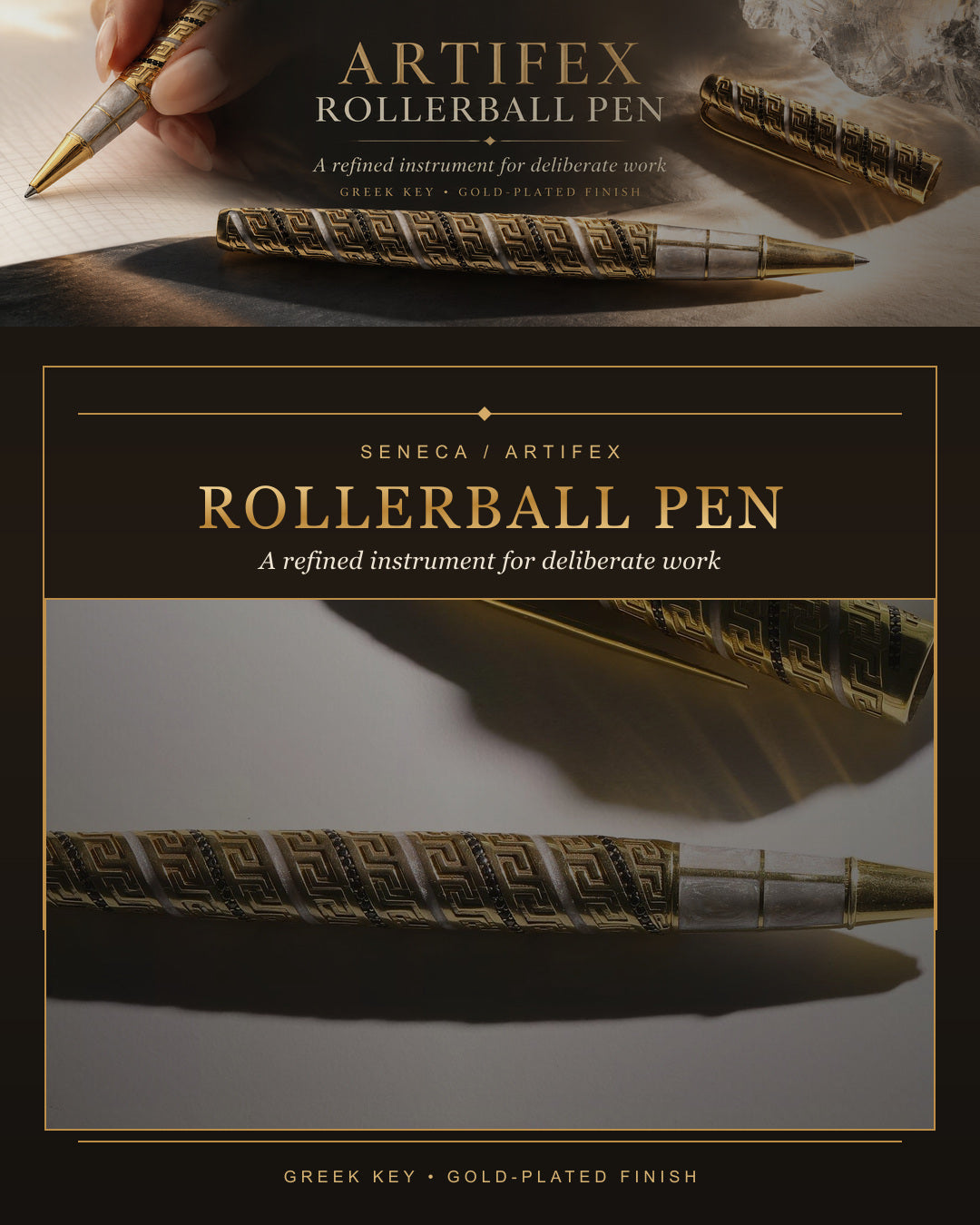 Artifex Greek Key rollerball pen, mobile editorial hero by Seneca Jewelry