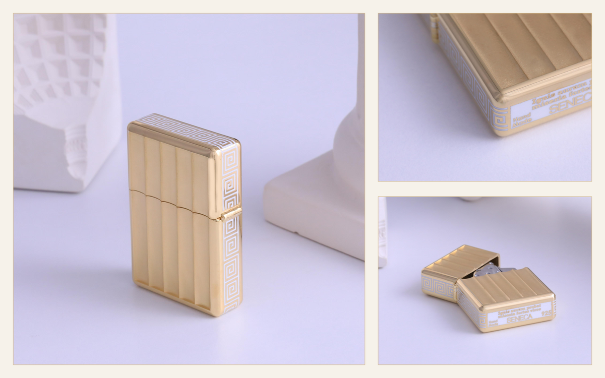 Editorial product collage of the Eterna gold-plated silver cigar lighter by Seneca Jewelry